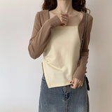 Autumn And Winter Color Positive Shoulder Fake Two Square Collar Blouses Women's Spring And Autumn Splicing Irregular Design Feeling Bottom Short T-Shirt