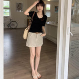 V-Neck Slim Short-Sleeved Sweater Women's Spring And Summer New Thin Medium-Sleeved T-Shirt Five-Cent Sleeve Blouse