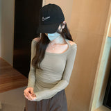 Yipinpay Sense Minority Hot Girls Hang Neck Pleated Long-Sleeved T-Shirt Women's Autumn New Solid Color Slim Bottom Underwear