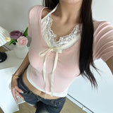 French Sweet Spice Girl Lace Splicing Collision Color Fake Two Lace-Up Short-Sleeved T-Shirts Sweet Jackets For Women