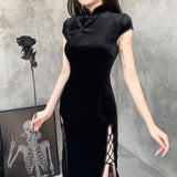 Yipinpay Retro Style Improved Cheongsam Female Ins Winter New Girl Forked Dress Temperament Slim Skirt