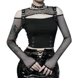 Yipinpay Punk Style Hollowed-Out Long-Sleeved Women's Blouse With A New Sexy Waist Mesh Mesh In The Fall Of 2024