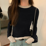 Yipinpay Collision Design Two Long-Sleeved T-Shirts Women's Autumn And Winter New Slim Cashmere Warm Bottomed Blouse