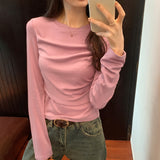 Yipinpay Sense Minority Pleated Long-Sleeved T-Shirt Women's Autumn And Winter New Slim And Thin Short Style Top With Bottom