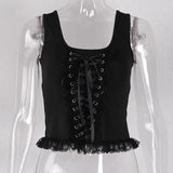 Yipinpay Summer New Black Vest Ins Square Collar Knitted Lace Sleeveless Halter Top