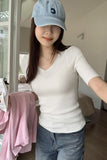 V-Neck Slim Short-Sleeved Sweater Women's Spring And Summer New Thin Medium-Sleeved T-Shirt Five-Cent Sleeve Blouse