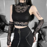 Yipinpay Dark Wind Netting Skull Lace Vest Two-Piece Set Spring Ins Sexy Inner Suit
