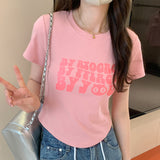 Pink Letter Printing Sweet And Spicy Girl Style Short Shoulder Slim T-Shirt Women's Summer New Skinny Blouse