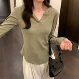Yipinpay Basic Style Threaded Hooded Top Women's Autumn And Winter New Slim Short-Sleeved T-Shirt