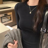 Yipinpay Round-Necked Solid Color Long-Sleeved Shoulder T-Shirt With A New Autumn And Winter Skinny Basic T-Shirt