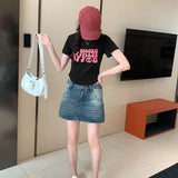Pink Letter Printing Sweet And Spicy Girl Style Short Shoulder Slim T-Shirt Women's Summer New Skinny Blouse