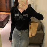 Yipinpay Hooded Printed Long-Sleeved T-Shirt Women's Autumn And Winter New Style Embellished Thin Short Blouse
