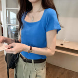 Korean Version Of Knitted Short-Sleeved T-Shirt Women's New Summer Slim Thin Solid Color Full-Length Short-Style Blouse Ins