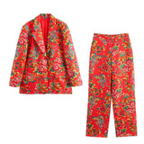 Yipinpay Big Flower Loose Suit Jacket Northeast Big Flower Cotton-Padded Jacket Leisure Trousers Suit