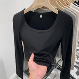 2025 New Spring And Autumn Style Threaded Square Collar Long-Sleeved T-Shirt Women's High Waist Leaky Navel Minority Solid Color Undercoat