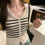 Yipinpay Collar Striped Minority Knitted Cardigan Women's Autumn And Winter New Slim Long-Sleeved Bottom Sweater Jacket