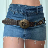 Vintage Metal Buckle Sunflower Small Design Leather Belt 2024 New Fashion Accessories
