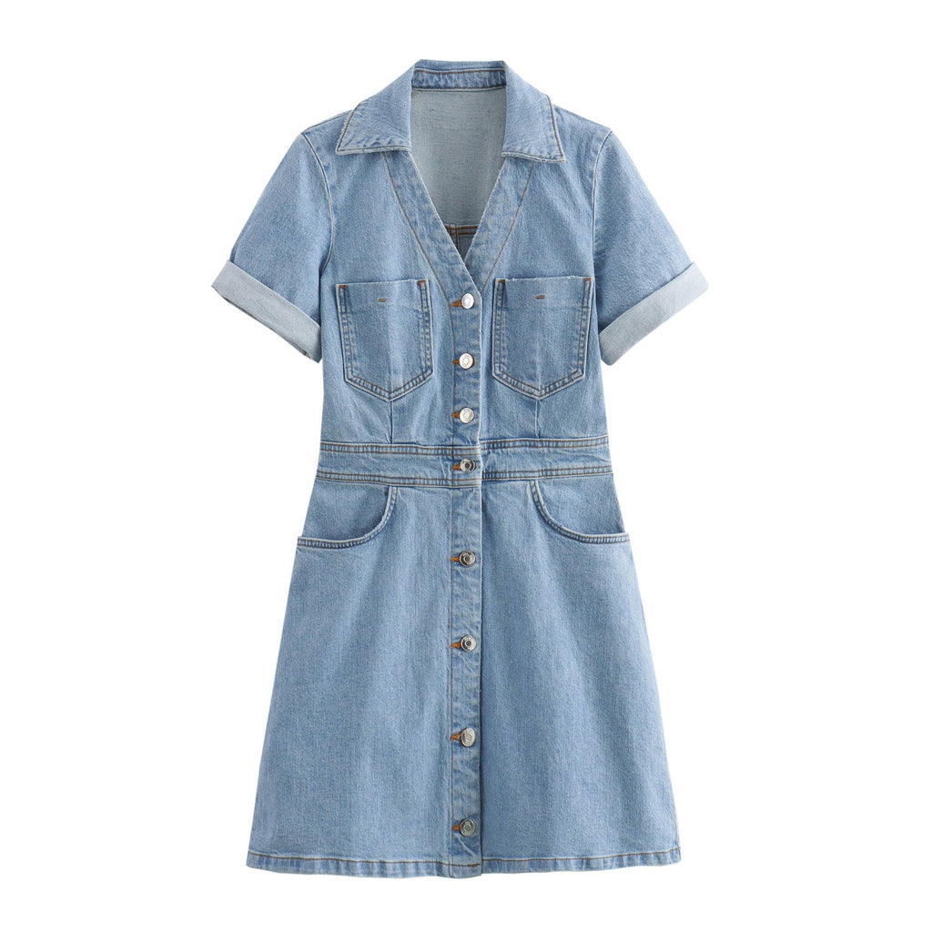 Yipinpay Spring Denim Waist Short-Sleeved Mini Dress 1879038