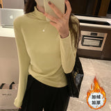 Yipinpay Collar Solid Color Long-Sleeved T-Shirt Women Wear A New Style Of Slimming, Velvet, Thicker, Warm And Bottomed Shirts In Autumn And Winter.
