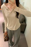 Yipinpay Basic Style Threaded Hooded Top Women's Autumn And Winter New Slim Short-Sleeved T-Shirt