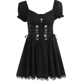 Yipinpay Cross Print Strap Shoulder Lace Spliced Dress Dark Sexy Slim Princess Dress