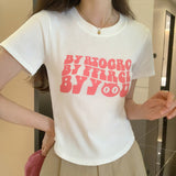 Pink Letter Printing Sweet And Spicy Girl Style Short Shoulder Slim T-Shirt Women's Summer New Skinny Blouse