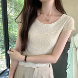 Korean Minority Design Temperament Texture Fabric Spliced Shoulder Short-Sleeved T-Shirt Women's Summer 2024 New Blouse