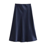 Yipinpay 2024 New Elastic Waistline Simple Full-Color Satin Full-Length Skirt