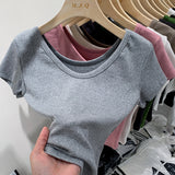 European V-Neck Shoulder T-Shirt Women's Short-Sleeved Summer New Slim And Skinny Short-Bottomed Blouse