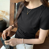 Solid Color Shoulder Short-Sleeved T-Shirt Women's Summer 2024 New Slim And Thin Fishbone Line Base Short Blouse