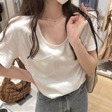 Sweet Cool Spicy Girls Korean Version Of The Shoulder Low-Collar Short-Sleeved T-Shirt Women's New Design Feel Tight Show Thin Bottomed Blouse