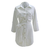 Yipinpay Popular Style Summer Belt Cardigan Solid Color Pull-Sleeved Shirt Dress