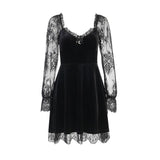 Yipinpay Dark Dress Lace Stitching Shows Chest Long-Sleeved Lotus Leaf Edge Waist Shows Thin Casual Dress