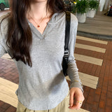 Yipinpay Basic Style Threaded Hooded Top Women's Autumn And Winter New Slim Short-Sleeved T-Shirt