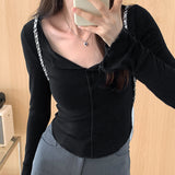 Yipinpay Girls Tight Agaric Edge V-Collar Long-Sleeved T-Shirt Women's Autumn New Thin Bottom Shirt Soft Waxy Inner Coat