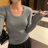 Yipinpay Round Collar Slim Long-Sleeved T-Shirt Girls Autumn And Winter New Beautiful Ins Knitted Blouse
