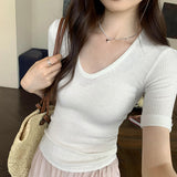 U Straight Shoulder Ice Silk Knitted Short-Sleeved T-Shirt Women 2024 Summer Thin Style Bottomed Shirt Slim Short Blouse