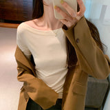 Yipinpay Solid Color Word Shoulder Slim Shows The Thin Bottom Shirt The Girl Autumn New Design Sense Middle Sleeve T-Shirt Hot Girl Blouse