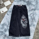 Yipinpay Street Boy Jeans Y2K Hip-Hop Cartoon Embroidery Vintage Blue Jeans Pants Man