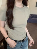 Solid Color Shoulder Short-Sleeved T-Shirt Women's Summer 2024 New Slim And Thin Fishbone Line Base Short Blouse