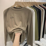 Yipinpay Velvet White Bottomed Shirt Women's Autumn And Winter New Style Embroidery Long-Sleeved Sanded T-Shirt Round Collar Blouse