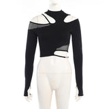 Yipinpay Autumn New Sexy Hollowed-Out Slim Long-Sleeved Street Trendsetter Asymmetrical Mesh Stitching Blouse Girl