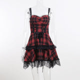 Yipinpay Dark Wind Summer New Gothic Plaid Style Girdle Waist-Deep V Suspender Dress Woman