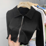 European Design Sense Niche Double Zipper Polo Collar Jacket Women's Early Autumn New Threaded Short Top Knitted Cardigan