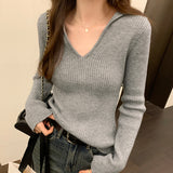Yipinpay Lapel Folded Into Solid Color Long-Sleeved Knitted Sweater A New Style V-Collar Underwear In Autumn And Winter