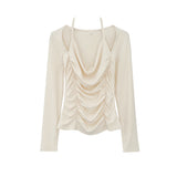 French Chic Shoulder-Exposed Shoulder Collar Long-Sleeved T-Shirt Women's Early Autumn New Pleated Thin Blouse