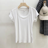 Yipinpay Version Simple Solid Color Threaded U-Collar Short-Sleeved T-Shirt Women Summer New Style Slim Look Thin Pure Desire Hot Girl Blouse Girl