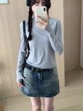 Yipinpay Hooded Solid Color Long-Sleeved T-Shirt Women's Early Autumn New Style Design Slim And Thin T-Shirt