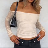 Spicy Girl Shoulder Net Pleated Solid Color Blouse Short Low-Collar Long-Sleeved T-Shirt With Exposed Navel