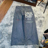 Yipinpay Street Boy Jeans Y2K Hip-Hop Cartoon Embroidery Vintage Blue Jeans Pants Man